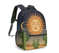 Anthropomorphic Sun Crescent Moon Print Backpack 16 Inch Bohemian Celestial Mysticism Desert Starry Night Sky Illustration Daypack (01)