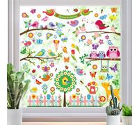 ANTHYTA 9 Sheets Spring Window Stickers, Colored Flower Bird Window Clings Flower Butterfly Tree Window Door Stickers Double-Sided Stained PVC Clings Window Decals for Home School Office Decorations