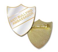 Anti Bullying Ambassdor Shield Pin Badge - Enamel and Brass - Safety Pin fixing - Size 30mm (WHITE)