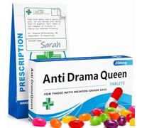 Anti Drama Queen Joke Pill Box Gift with Jelly Beans, Prescription Bag & Personalised Sticker - Funny Birthday Gift for Teenagers, Women & Men, Novelty Stocking Filler, Secret Santa Gag Present
