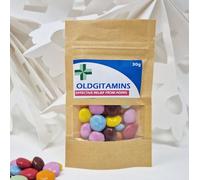 Anti-Farting Anti-Moaning Old-Git Pills Gag Gift Novelty Sweet Bag Funny Birthday Surprise Chocolate Treat Bag Joke Chocolate Present - OLDGITAMINS Sticker with Filled Brown Bag