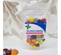 Anti-Farting Anti-Moaning Old-Git Pills Gag Gift Novelty Sweet Bag Funny Birthday Surprise Chocolate Treat Bag Joke Chocolate Present - OLDGITAMINS Sticker with Clear Empty Bag