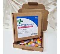 Anti-Farting Anti-Moaning Old-Git Pills Gag Gift Novelty Sweet Bag Funny Birthday Surprise Chocolate Treat Bag Joke Chocolate Present - FARTYBIOTICS Sticker with unfilled Box
