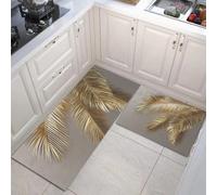 Anti Fatigue Kitchen Mat Golden Palm Leaves, 2Pcs Washable Kitchen Floor Rug Set, Non Slip Waterproof Modern Kitchen Runner Rug For Kitchen,Hallway,Living Room,Bedroom,Bathroom 43X75Cm+43X150Cm