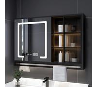 Anti-Fog Bathroom Mirror with Medicine Cabinet Dimmable LED Light Aluminum Vanity Mirror with Storage Modern Design (90x75x12cm)