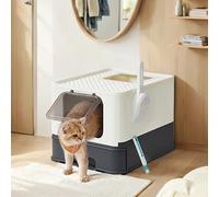 Anti-Leaking Hidden Cat Litter Box with Hood and Slide-Out Tray, Beige + Black