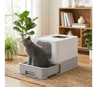 Anti-Leaking Hidden Cat Litter Box with Hood and Slide-Out Tray, Light Grey + Dove Grey