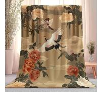 Anti-Pilling Fleece Blanket 180 x 200 cm, Oriental Flower And Bird Paintings Theme Pattern Multifunctional Blanket for Bed Travel Camping - Light Brown Printed Throw Blanket for Autumn and Winter
