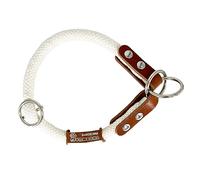 Anti Pull, Dog Collar Martingale, Cotton and Leather. White & Cognac. L.