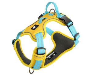 Anti-pull dog harness for Papillon, with handle, adjustable reflective vest-style harness, breathable and soft mesh fabric, leash buckles at both the front and back. yellow M