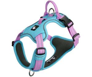 Anti-pull dog harness for Portuguese Water, with handle, adjustable reflective vest-style harness, breathable and soft mesh fabric, leash buckles at both the front and back. blue L