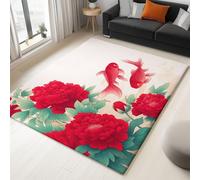 Anti Slip Area Rugs 160 x 230 cm Chinese Style Illustration Peony Leaves Koi Fish Carpet, Non-Shedding Soft Fluffy Carpet, White Modern Indoor Carpets for Living Room, Bedroom, Dining Room Flannel Rug