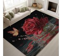 Anti-slip backing & Anti-slip stickers & Machine washable Area Rugs, Abstract Rose 3D Butterfly Print Rug, Black Red Short Pile Carpet for Modern Home Relaxing Area - 160 x 230 cm