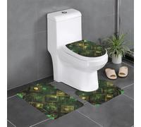 Anti-Slip Floor Mat 3-Piece Set HYTTER Black and Green Plaid Printed U-Shaped Toilet Floor Mat, Tightly Attached, Absorbent & Durable, Thick & Comfortable