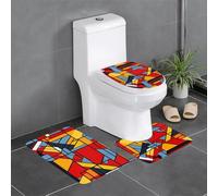 Anti-Slip Floor Mat 3-Piece Set HYTTER Composition in red Yellow Blue and Black Printed U-Shaped Toilet Floor Mat, Tightly Attached, Absorbent & Durable, Thick & Comfortable
