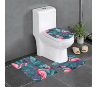 Anti-Slip Floor Mat 3-Piece Set HYTTER Flamingo Bird Round Leaves Printed U-Shaped Toilet Floor Mat, Tightly Attached, Absorbent & Durable, Thick & Comfortable
