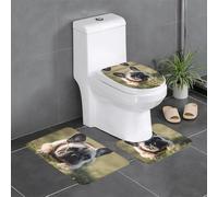Anti-Slip Floor Mat 3-Piece Set HYTTER French Bulldog Dog Cute Printed U-Shaped Toilet Floor Mat, Tightly Attached, Absorbent & Durable, Thick & Comfortable