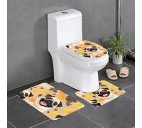 Anti-Slip Floor Mat 3-Piece Set HYTTER Funny Happy Pug Dog Printed U-Shaped Toilet Floor Mat, Tightly Attached, Absorbent & Durable, Thick & Comfortable