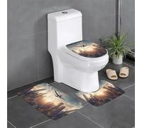 Anti-Slip Floor Mat 3-Piece Set HYTTER Plane Flying Over Tall Buildings Printed U-Shaped Toilet Floor Mat, Tightly Attached, Absorbent & Durable, Thick & Comfortable