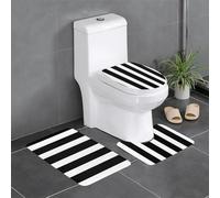 Anti-Slip Floor Mat 3-Piece Set HYTTER Stripes Black White Printed U-Shaped Toilet Floor Mat, Tightly Attached, Absorbent & Durable, Thick & Comfortable