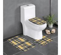 Anti-Slip Floor Mat 3-Piece Set HYTTER Yellow Gray Black Plaid Printed U-Shaped Toilet Floor Mat, Tightly Attached, Absorbent & Durable, Thick & Comfortable