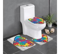 Anti-Slip Floor Mat Set of 3 YYHWHJDE Autism Awareness Puzzle Pieces Heart Pattern U-Shaped Toilet Floor Mat, Tightly Attached, Absorbent & Durable, Thick & Comfortable