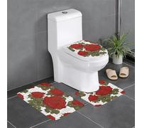 Anti-Slip Floor Mat Set of 3 YYHWHJDE Beautiful red Roses Pattern U-Shaped Toilet Floor Mat, Tightly Attached, Absorbent & Durable, Thick & Comfortable