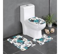 Anti-Slip Floor Mat Set of 3 YYHWHJDE Black White Teal Gray Rose Flowers Pattern U-Shaped Toilet Floor Mat, Tightly Attached, Absorbent & Durable, Thick & Comfortable