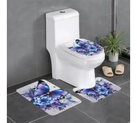 Anti-Slip Floor Mat Set of 3 YYHWHJDE Blue Purple Flower Butterfly Pattern U-Shaped Toilet Floor Mat, Tightly Attached, Absorbent & Durable, Thick & Comfortable