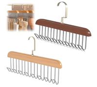 Anti-Slip Multi-Hook Coat Rack - 2 Pack Wooden Belt Organizer for Wardrobe, 28 x 17cm Wooden Tie Holder, Space Saving Belt Hanging Storage for Belts, Bra, Ties, Scarves, Camisoles, Hats, Accessories