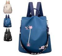 Anti-Theft Large Capacity Backpack for Women,Floral Embroidered Bag，Blue | Floral Women'S Back pack with Rear Anti-Theft Opening,Organised Pockets and Versatile Backpack,Shoulder Or Handbag Carry