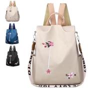 Anti-Theft Large Capacity Backpack for Women,Floral Embroidered Bag，Khaki | Floral Women'S Back pack with Rear Anti-Theft Opening,Organised Pockets and Versatile Backpack,Shoulder Or Handbag Carry