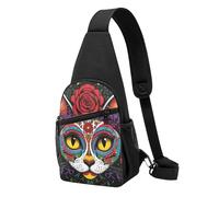 Anti Theft Shoulder Crossbody Bag Day Of The Dead Kitty Cat Sugar Skull Chest Backpack Multipurpose Chest Pack for Cycling Hiking Working
