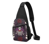 Anti Theft Shoulder Crossbody Bag Red Roses Magic Hat Skeleton Sugar Skulls Sling Backpack Multipurpose Chest Pack for Cycling Men Sports
