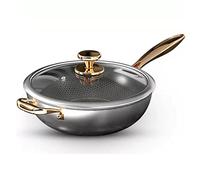 Antibacterial Stainless Steel Wok Pan With Lid, Non Stick Scratch-resistant Frying Pan With Double Gold Handle, Honeycomb Textured, Large Deep Saute Pan For Electric, Induction Stoves ( Size : 34cm )