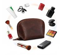 AntiQ Leather Cosmetic Case - Travel Leather Toiletry Bag for Makeup Essentials, Luxury Makeup Organiser for Men and Women, Brown, 9x6x4 inches, Zipper