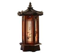 Antique Alive Hexagonal Carved Wood Table Lamp Handmade Traditional Korean Kingdom Roof and Window Design Art Deco Lantern Brown Asian Oriental Bedside Bedroom Accent Unusual Table Light