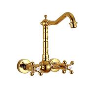 antique all-copper in-wall hot and cold basin faucet wall-mounted wall-mounted double-handle washbasin faucet, gold flat bottom high model