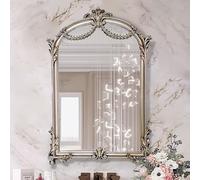 Antique Arched Wall Mirror, 24 x 35 Vintage Baroque Style with Black and Gold Finish, Elegant Bathroom Decor for Vanity, Fireplace, or Entryway (Silver Accent)