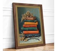 Antique Books and Flowers Vintage Framed Wall Art Print A4 (29.7×21cm) Walnut, Wall Decor for Living Room, Bedroom, Office & Home, Ready to Hang, Art Gift