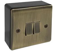 Antique Brass 2 Gang Double Light Switch & 32mm Black Surface Pattress Back Box