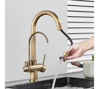 Antique Brass 3 Way Kitchen Tap with Pull Out Spray, Dual Handle Swivel Sink Mixer for Hot Cold & Drinking Water Filter