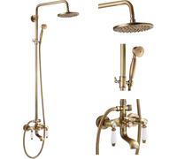Antique Brass 8 Round Shower Head Triple Function Exposed Pipe Shower System Wall Mount Mixer Faucet Set with Handheld Sprayer and Tub Spout