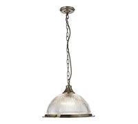 Antique Brass American Diner Pendant Ceiling Light with Clear Ribbed Glass Shade - Boston-PLAB