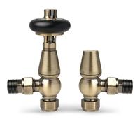 Antique Brass Angled Radiator Valves Antique Radiator Valves 15mm x 1/2" for Heated Towel Rails & Central Heating Radiators Wood Head Brass Radiator Valve Set
