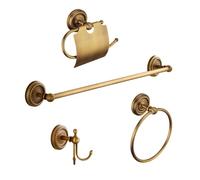 Antique Brass Bathroom Accessories Set Wall Mounted Towel Rail & Towel Ring & Toilet Paper Holder & Robe Hook, 4-Piece Vintage Bath Hardware Fixture Set