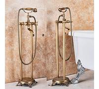 Antique Brass Bathtub Shower Faucet Set Brass Hand Shower Dual Knobs Mixer Tap Swivel Mixer Floor Standing Shower Faucet,