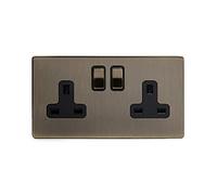 Antique Brass Double Socket, 2 Gang Double Pole DP Safe Plug Socket Black Inserts 13A amp Screwless, Brass Double Wall Sockets, gold plug sockets|Soho Lighting