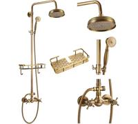 Antique Brass Exposed Bathroom Shower Faucet with 8 inch Rainfall Shower Head Wall Mounted Dual Cross Handles Handheld Sprayer Shelf Dual Function System