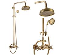 Antique Brass Exposed Shower Faucet Set 8 Rain Shower Head 2 Double Knobs Cross Handle Shower Fixture Combo System Unit Set Dual Function